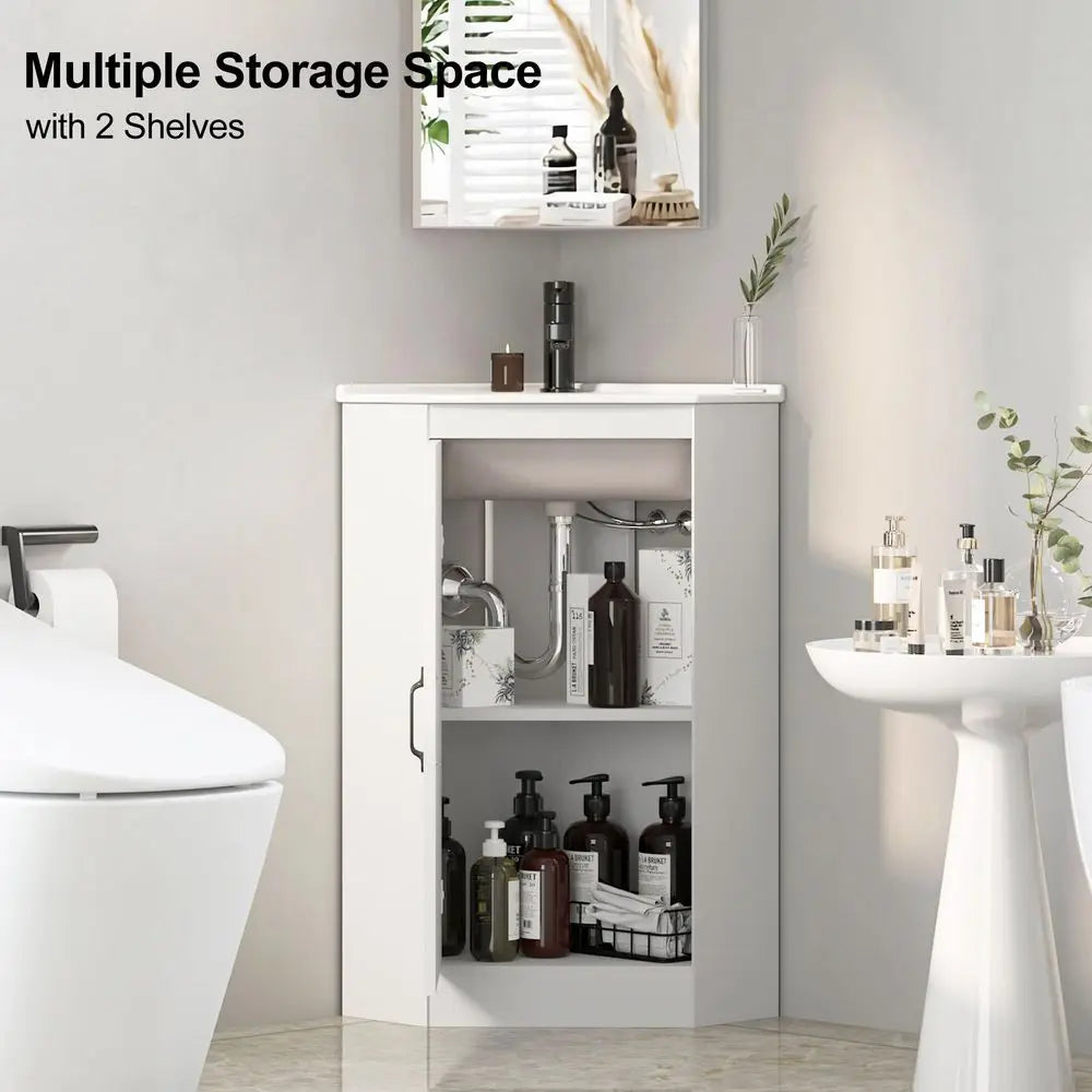 Corner Bathroom Vanity with Sink Combo, Freestanding Wall Mounted Storage Cabinet, White Ceramic Sink