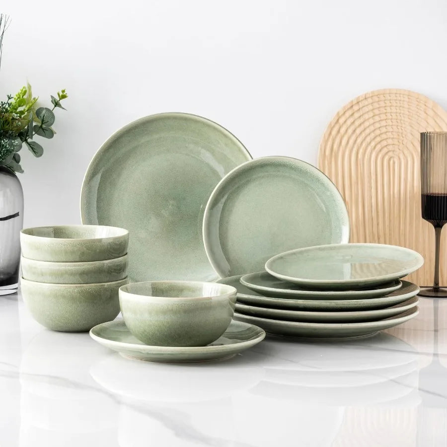 Ceramic Dinnerware Sets for 4, 12 Piece Handpainted Plates and Bowls, Scratch Resistant Stoneware Dishes