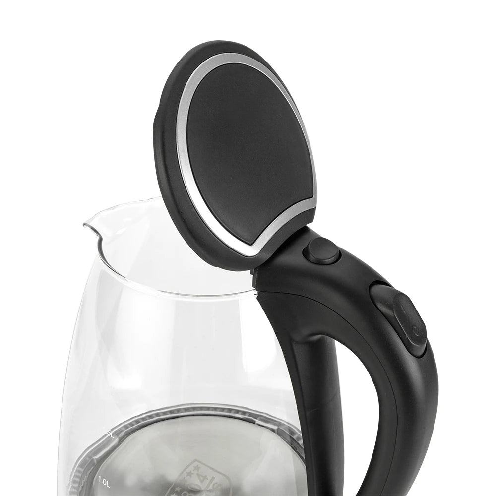 110V 1200W 1.8L Electric Glass Kettle, US Plug, Borosilicate Glass, Blue LED Auto Shut Off 360 Rotation Base