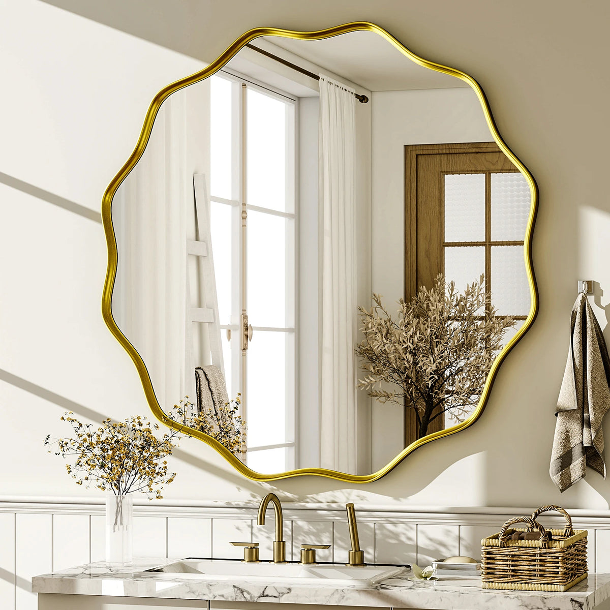 Decorative Wavy Round Bathroom Mirror with Deep Frame