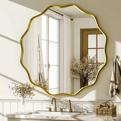 Decorative Wavy Round Bathroom Mirror with Deep Frame