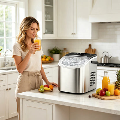 Portable Silver Stainless Steel Ice Maker with Handle, Produces 29 Pounds of Ice in 24 Hours