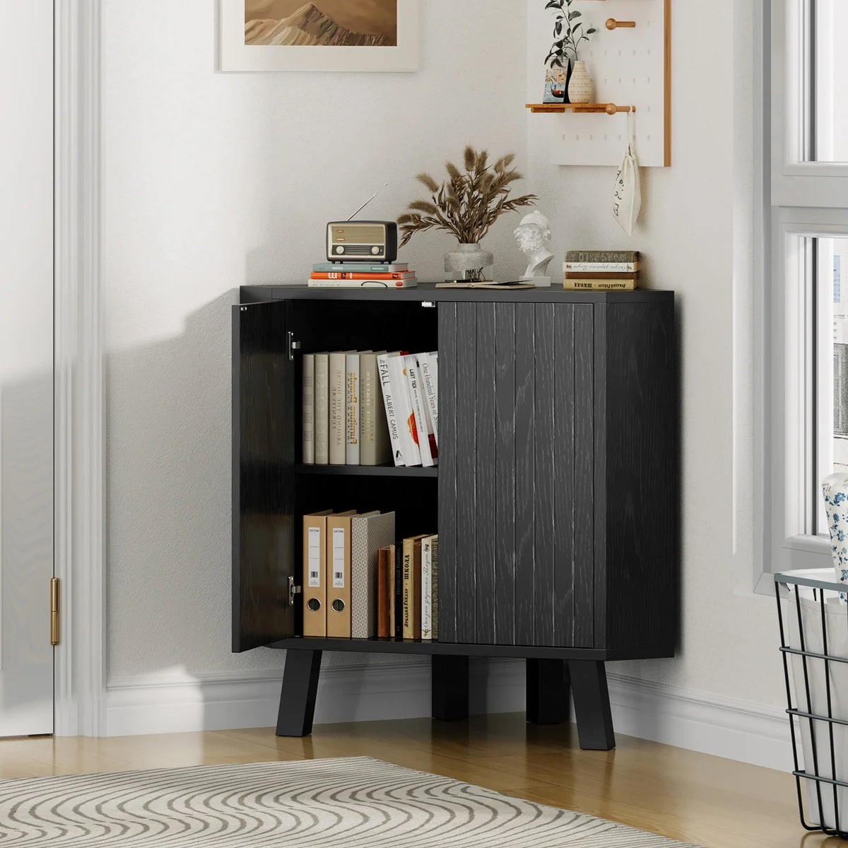 Farmhouse Corner Storage Cabinet with Adjustable Shelf, Industrial Wooden Corner Table