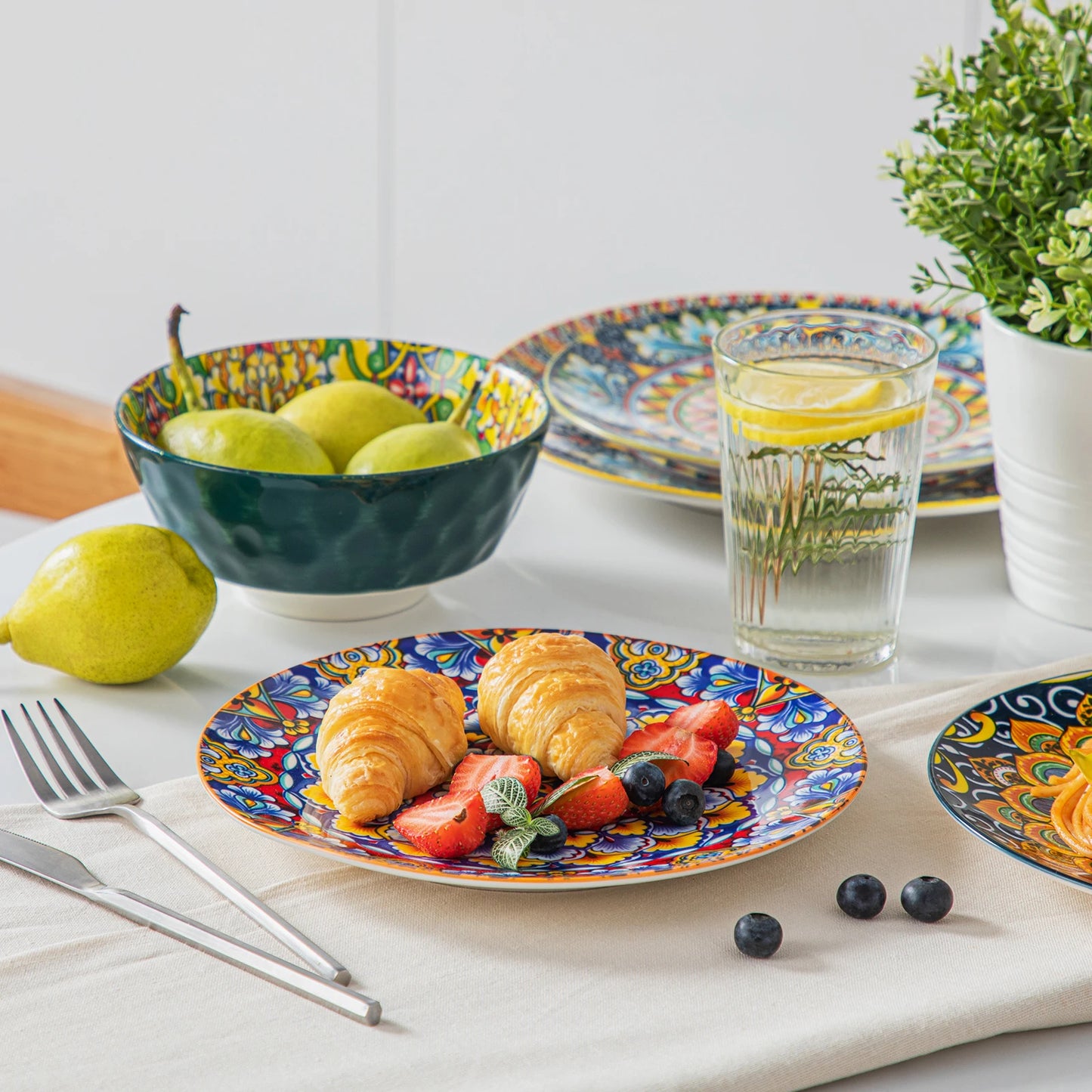 12/16/18/24 Piece Ceramic Dinnerware Set, Stoneware Bohemian Style