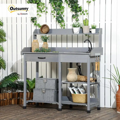 Outdoor Wooden Garden Workbench with Detachable Sink, Faucet, Storage, and Hooks, Gray