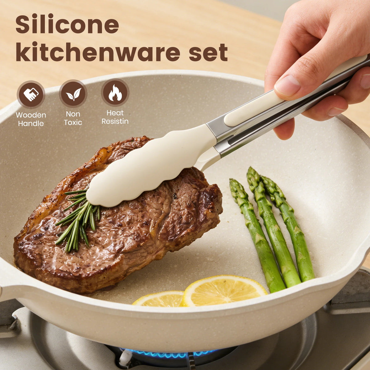 Silicone Wooden Handle 44-Piece Non-Stick  Kitchen Utensil Set, Food-Grade Heat-Resistant Cookware Set for Kitchen & Baking