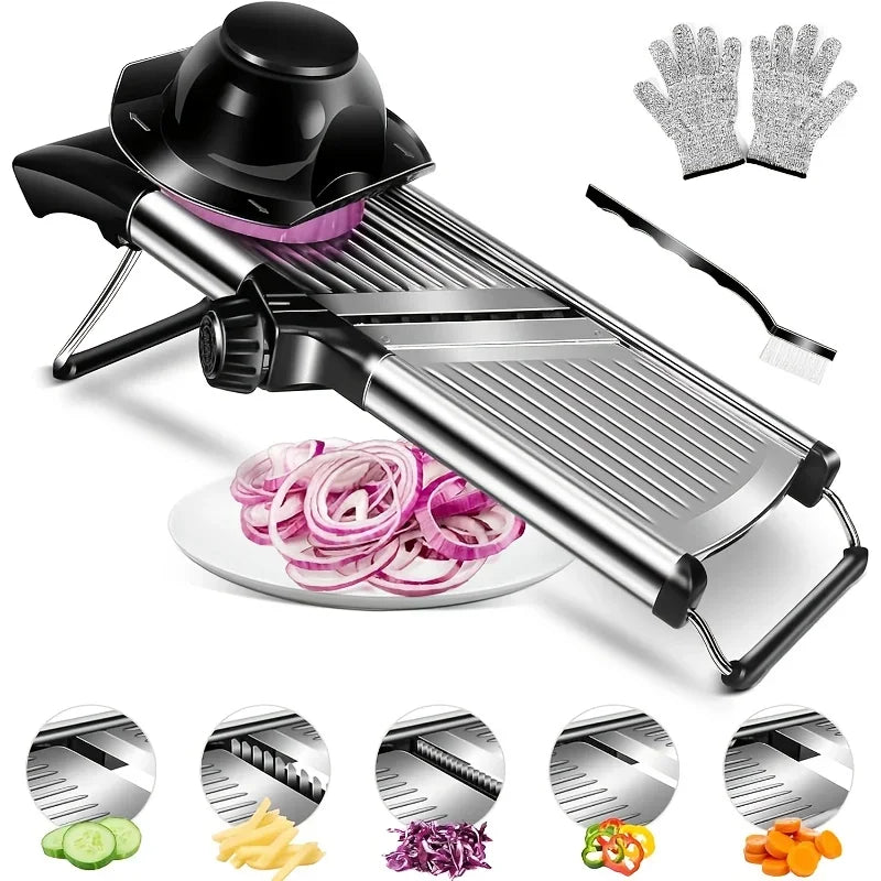 Stainless Steel Mandoline Slicer with 5 Blades & Safe Hand Guard