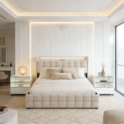 Double Bed 160x200cm with storage, Padded with Slatted Base, USB Ports, RGB Lights, Ideal for Teens