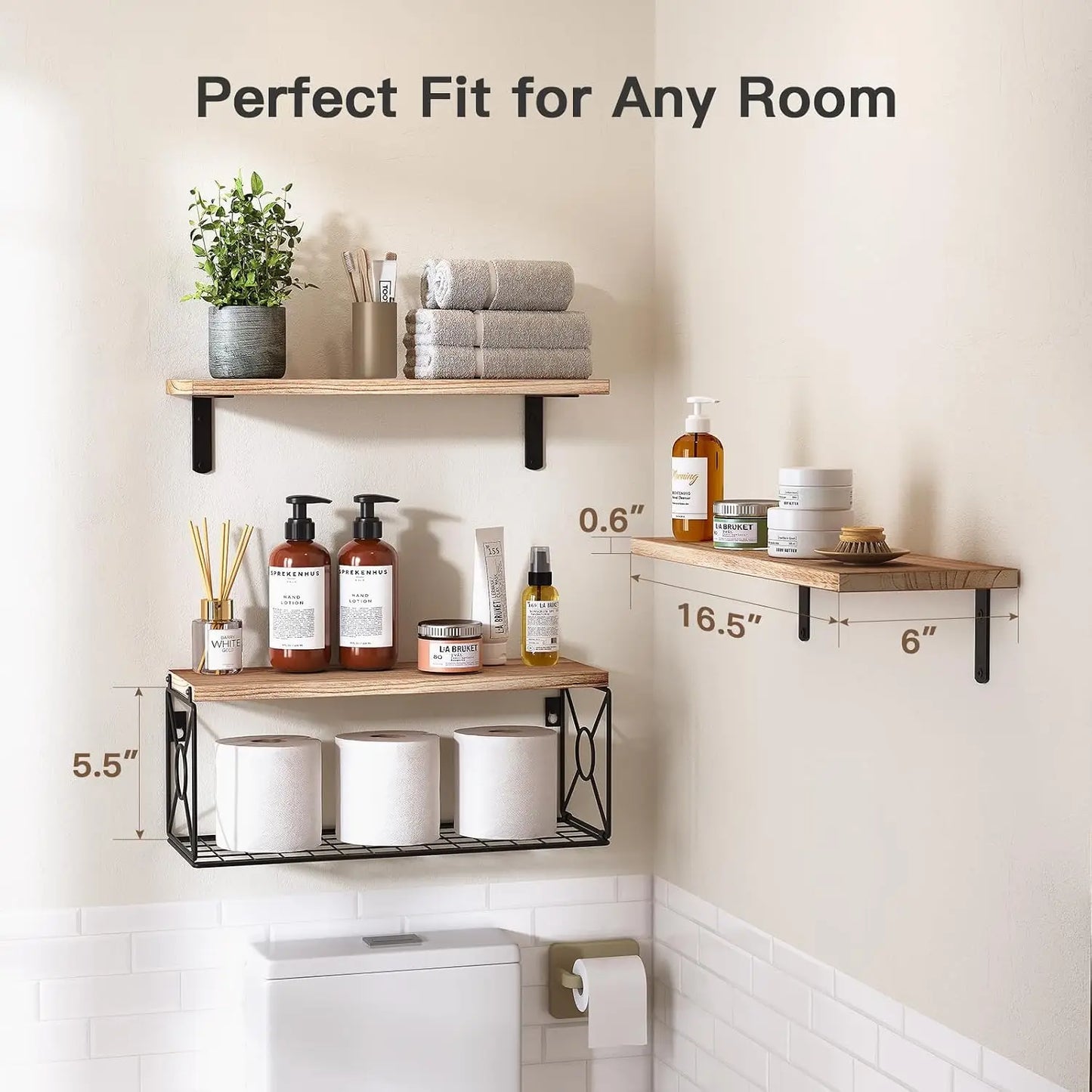 Bathroom Shelves Over Toilet with Storage Basket, Natural Wood