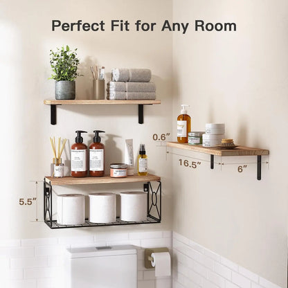 Bathroom Shelves Over Toilet with Storage Basket, Natural Wood
