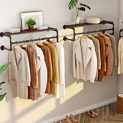 Industrial Pipe Clothing Rack, Wall Mounted Wood Shelf, Pipe Shelving