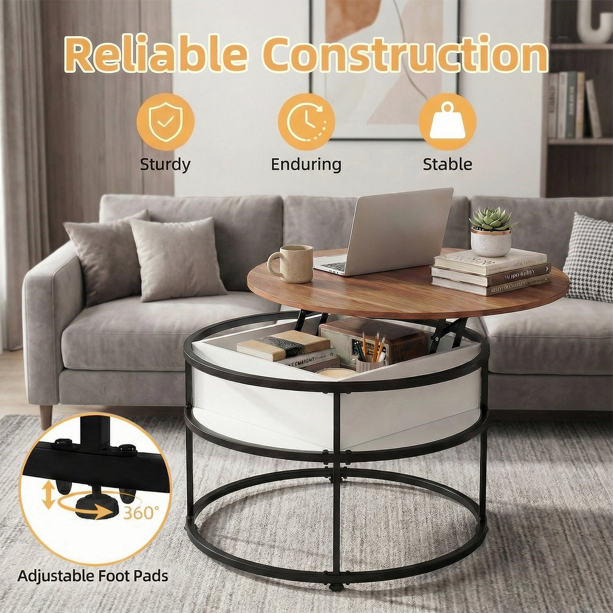 31. 5” Lift Top Coffee Table w/ Hidden Compartment & Side Shelves for Living Room
