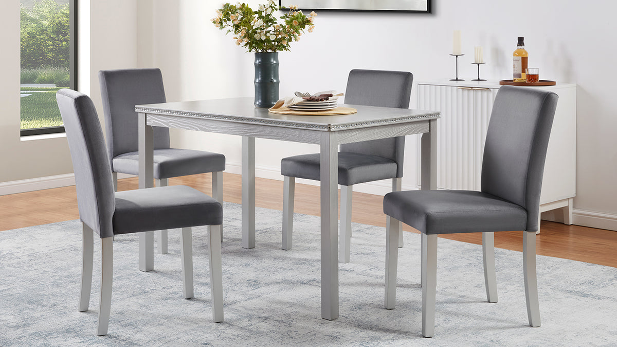 5-piece wooden dining table set with rectangular table and 4 cushioned chairs, decorated with crystal, silver gray