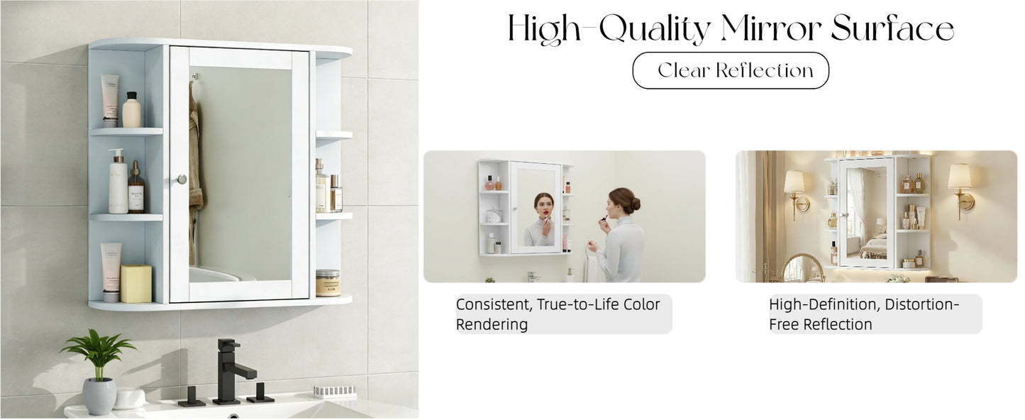 White Bathroom Wall Cabinet with Mirror, Adjustable Shelf, 6 Open Shelves, with Doors