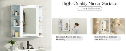 White Bathroom Wall Cabinet with Mirror, Adjustable Shelf, 6 Open Shelves, with Doors