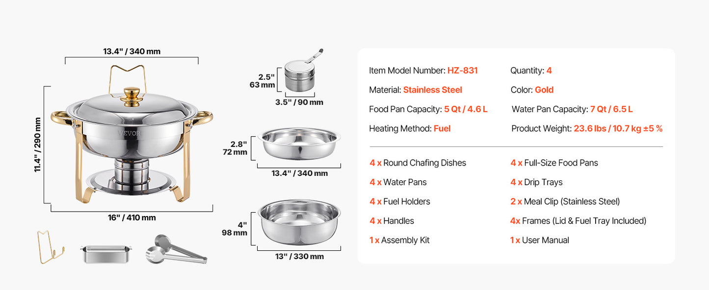 4 Pack Chafing Dish Buffet Set, Stainless Steel w/4 Full Size Round Pans