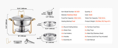 4 Pack Chafing Dish Buffet Set, Stainless Steel w/4 Full Size Round Pans
