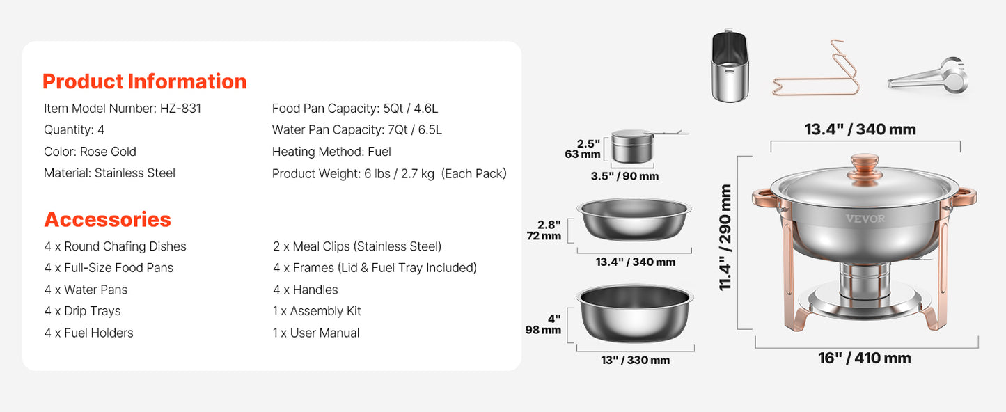 4 Pack Chafing Dish Buffet Set, Stainless Steel w/4 Full Size Round Pans