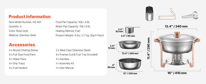 4 Pack Chafing Dish Buffet Set, Stainless Steel w/4 Full Size Round Pans