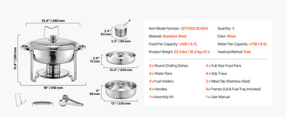 4 Pack Chafing Dish Buffet Set, Stainless Steel w/4 Full Size Round Pans