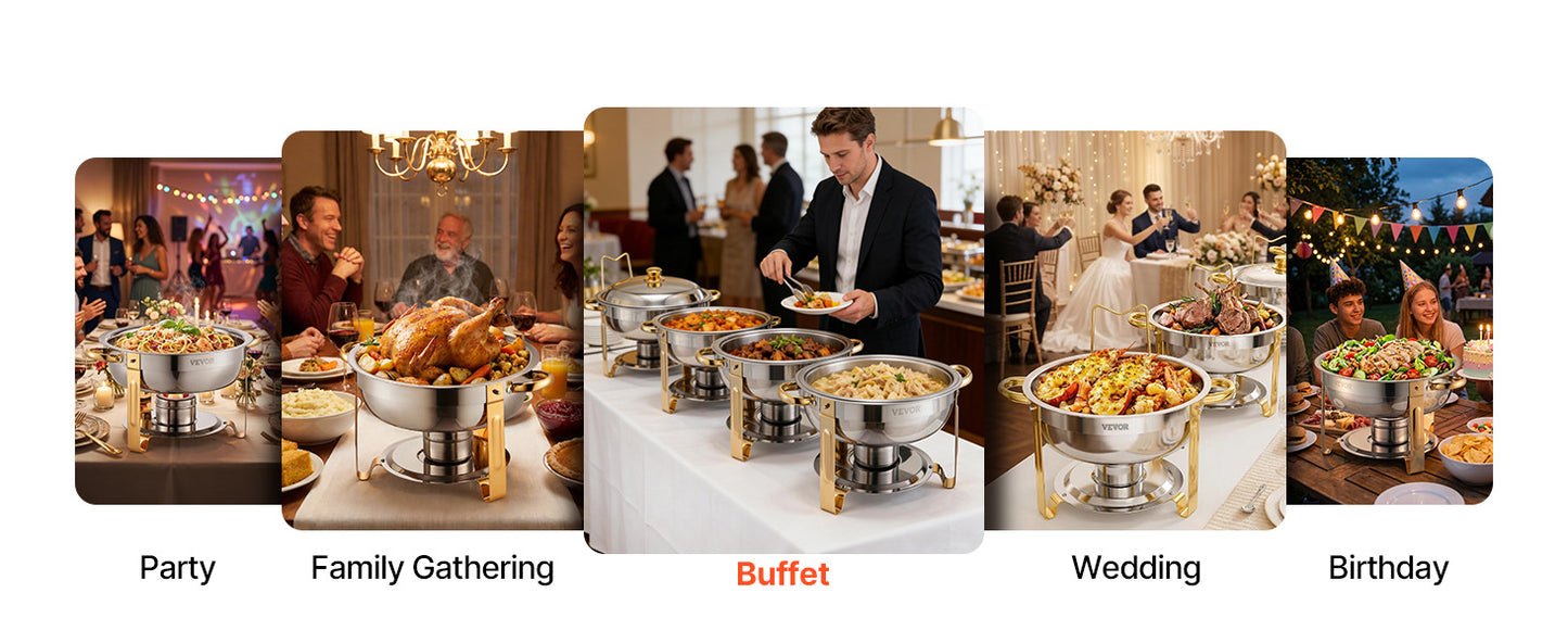 4 Pack Chafing Dish Buffet Set, Stainless Steel w/4 Full Size Round Pans