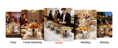 4 Pack Chafing Dish Buffet Set, Stainless Steel w/4 Full Size Round Pans