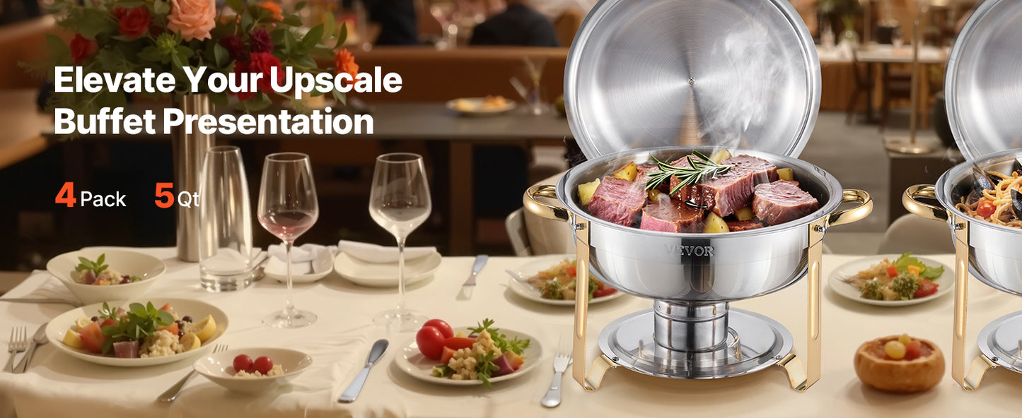 4 Pack Chafing Dish Buffet Set, Stainless Steel w/4 Full Size Round Pans