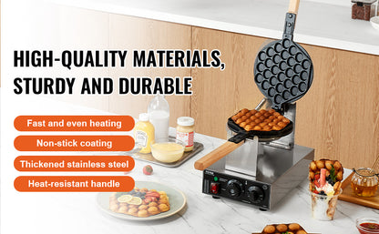 Commercial Egg Bubble Waffle Maker, 1400W Non-Stick Stainless Steel w/180° Rotatable 2 Pans & Wooden Handles