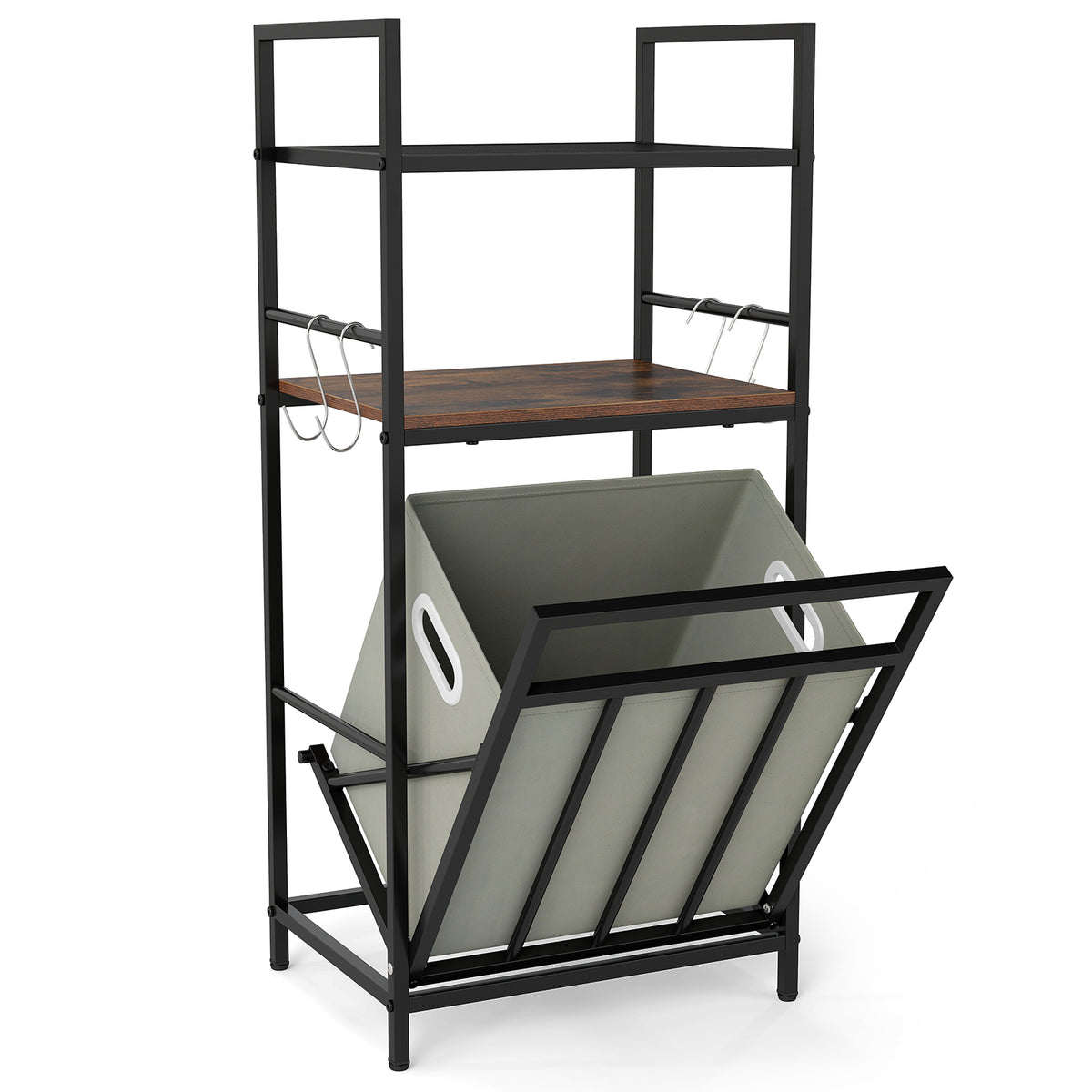 2-Tier Laundry Hamper w/ Tilt-out Basket, Laundry Sorter w/ 4 Hooks & Removable Bag