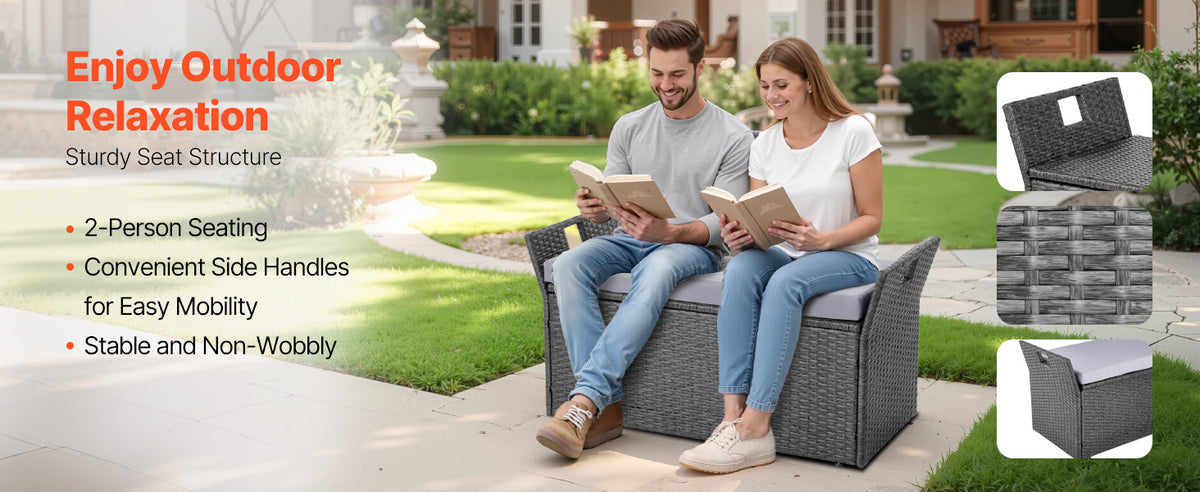 Outdoor Storage Bench, 2Person PE Rattan, 40Gal Deck Box w/Cushion&Side Handle Support up to 400lb, Weatherproof